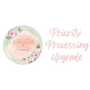 May include: A round logo with the text "Nikki's Sweets & Adornments" in pink script, surrounded by a floral design. The words "Priority Processing Upgrade" are written in pink script.
