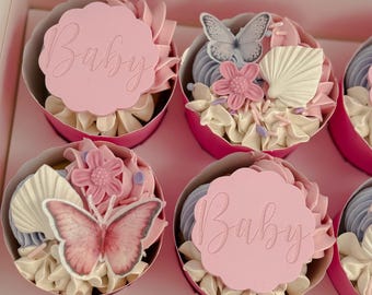 Akrylowe zawieszki do babeczek z muszelką, ozdoby na babeczki na baby shower, dekoracja stołu deserowego, ozdoby na babeczki na imprezę, zawieszki w kształcie dysku