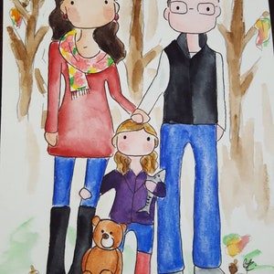 May include: A watercolor painting of a family of three standing in a forest. The parents are holding hands and the child is holding a fish. The family is surrounded by fall leaves.