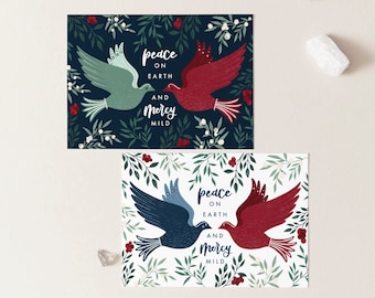 Christmas cards pack, Peace on Earth cards, Christmas birds cards, Colourful Christmas cards, Botanical Christmas cards