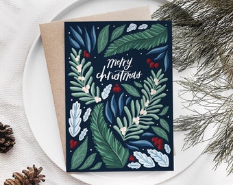 Merry Christmas cards, Christmas cards pack, Colourful Christmas cards, Botanical Christmas cards, Christmas foliage, Type by Alice