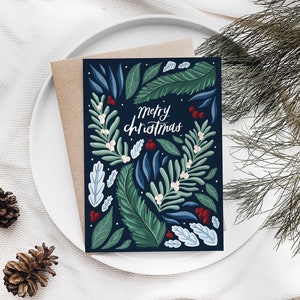 Merry Christmas cards, Christmas cards pack, Colourful Christmas cards, Botanical Christmas cards, Christmas foliage, Type by Alice