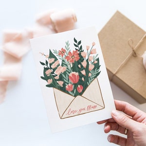 Carte Je t'aime maman, carte florale de fête des mères, cartes pour les mamans, carte joyeuse fête des mères, carte florale, carte enveloppe florale