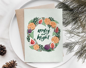 Botanical Christmas cards pack, Joy to the world Christmas cards, Colourful Christmas cards, Orange and figs