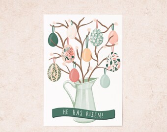 Tarjeta de Pascua «¡Ha resucitado!», Árbol de Pascua floral con forma de huevo, Tarjetas cristianas