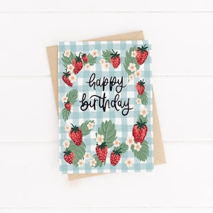Cartão de aniversário de morango - Cartão de aniversário guingão - Cartão de feliz aniversário