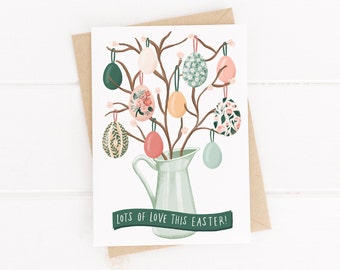 Tarjeta de Pascua con un árbol floral: colores primaverales, enviando amor