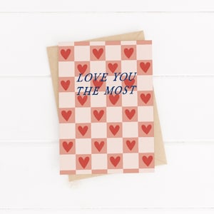 Te amo la mayor tarjeta - Tarjeta de corazón rojo y rosa - Tarjeta de amor - Tarjeta de tablero de ajedrez - Tarjeta Sólo porque - Tarjeta del Día de San Valentín