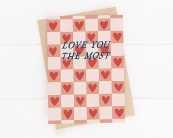 Love you the most card - Red and pink heart card - Love you card - Checkerboard card - Just because card - Valentine's Day card