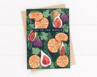 Botanical Christmas cards pack, Joy to the world Christmas cards, Colourful Christmas cards, Orange and figs