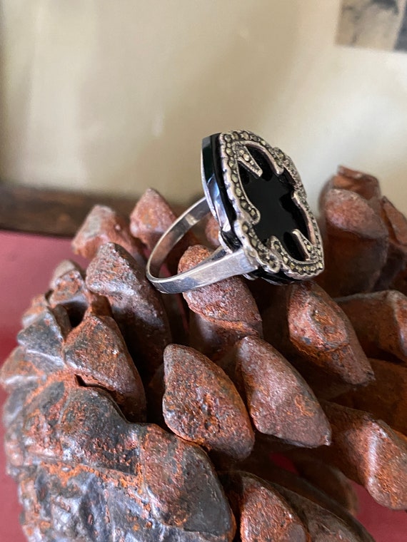 Large Vintage Onyx Marcasite and Sterling Silver … - image 2