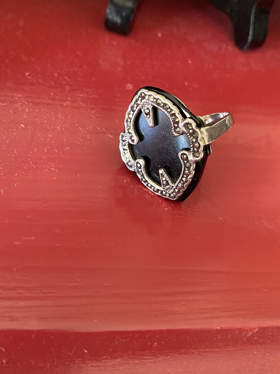 Large Vintage Onyx Marcasite and Sterling Silver … - image 3