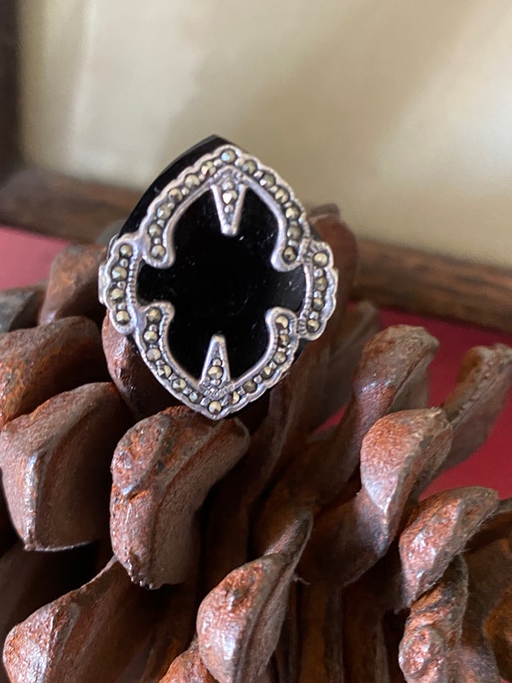Large Vintage Onyx Marcasite and Sterling Silver … - image 1