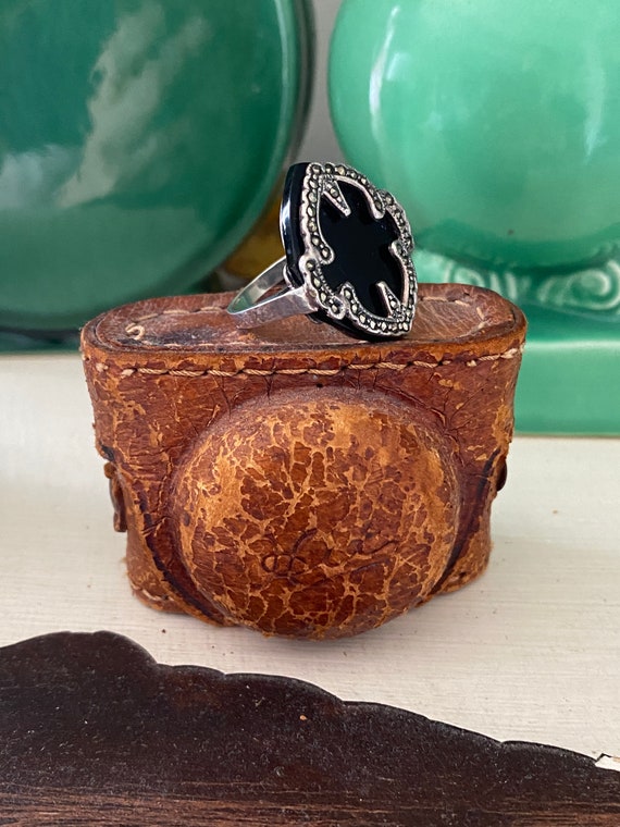 Large Vintage Onyx Marcasite and Sterling Silver … - image 5