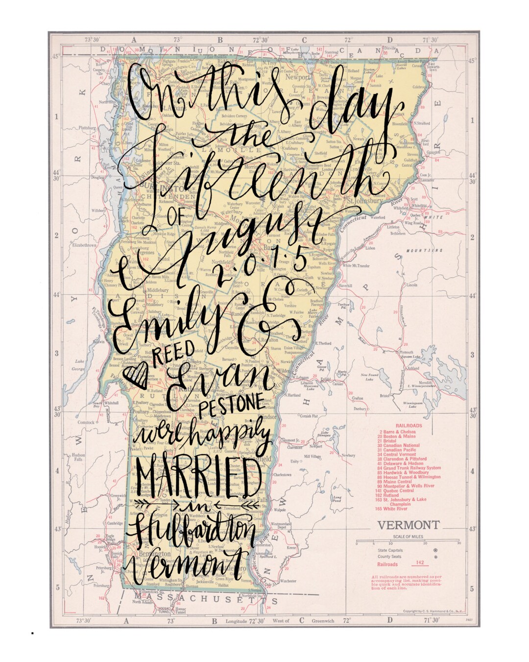Hand Lettered Vintage Map (weddings, Anniversaries, & More!) - Etsy