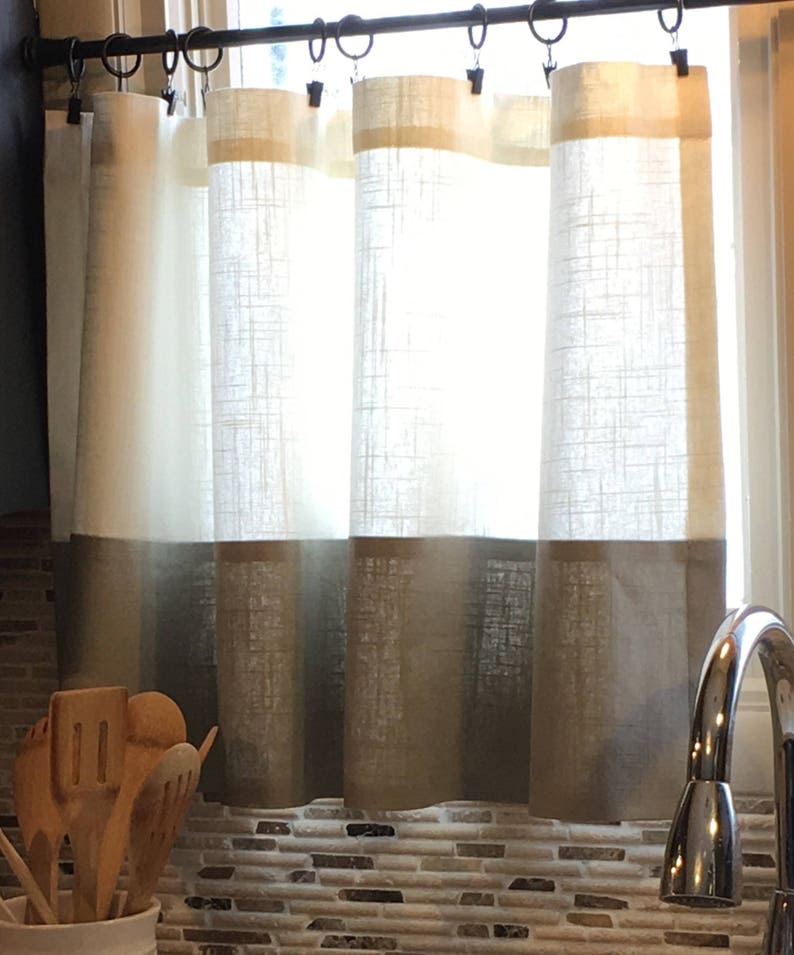 5 Color Options Any Length. 50 Wide Gray Border Linen Curtain Panel Cafe Curtain Panel or Curtain Valence