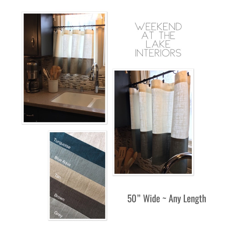 5 Color Options Any Length. 50 Wide Gray Border Linen Curtain Panel Cafe Curtain Panel or Curtain Valence
