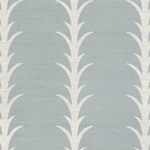 May include: A seamless pattern of white stylized grass stalks on a light blue background. The pattern is repeated throughout the image.