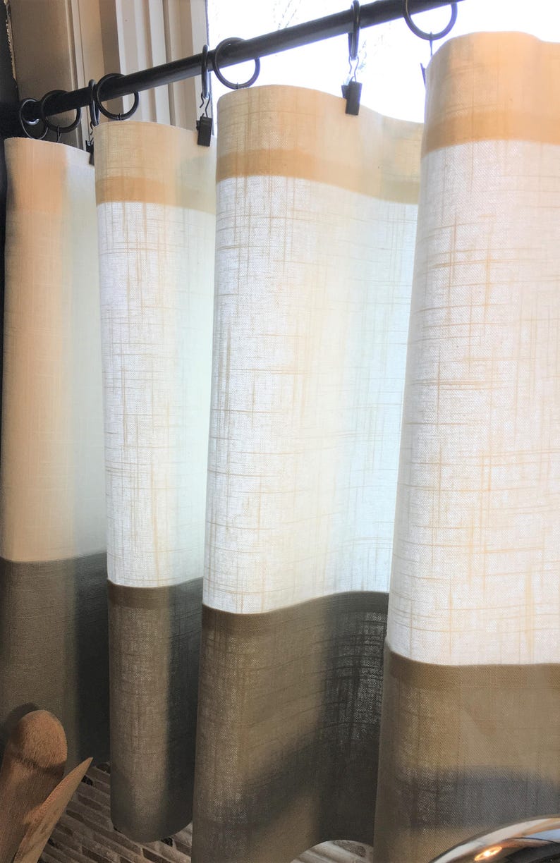 5 Color Options Any Length. 50 Wide Gray Border Linen Curtain Panel Cafe Curtain Panel or Curtain Valence
