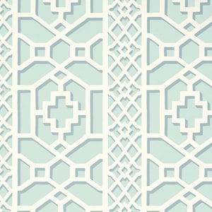 May include: A repeating pattern of white geometric shapes on a light blue background. The pattern is made up of squares, rectangles, and diamonds.