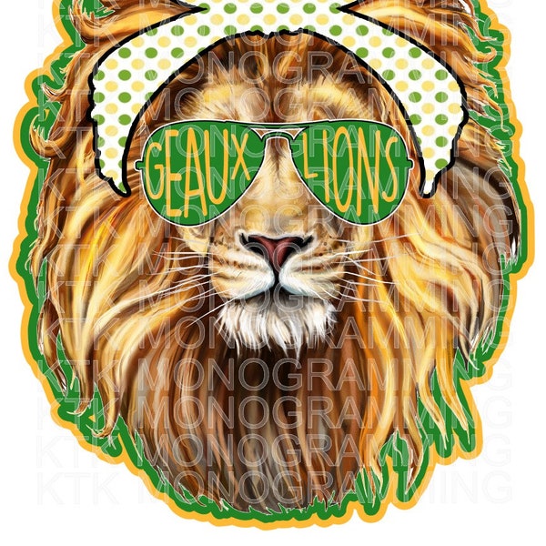 Lion Mascot with Sunglasses and Headband Geaux Lions Green and Gold PNG