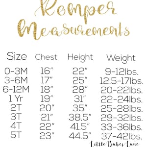 May include: A chart showing romper size measurements in inches and pounds. The chart includes sizes from 0-3 months to 5T. The chart is titled "Romper Measurements" and includes the following columns: Size, Chest, Height, and Weight.