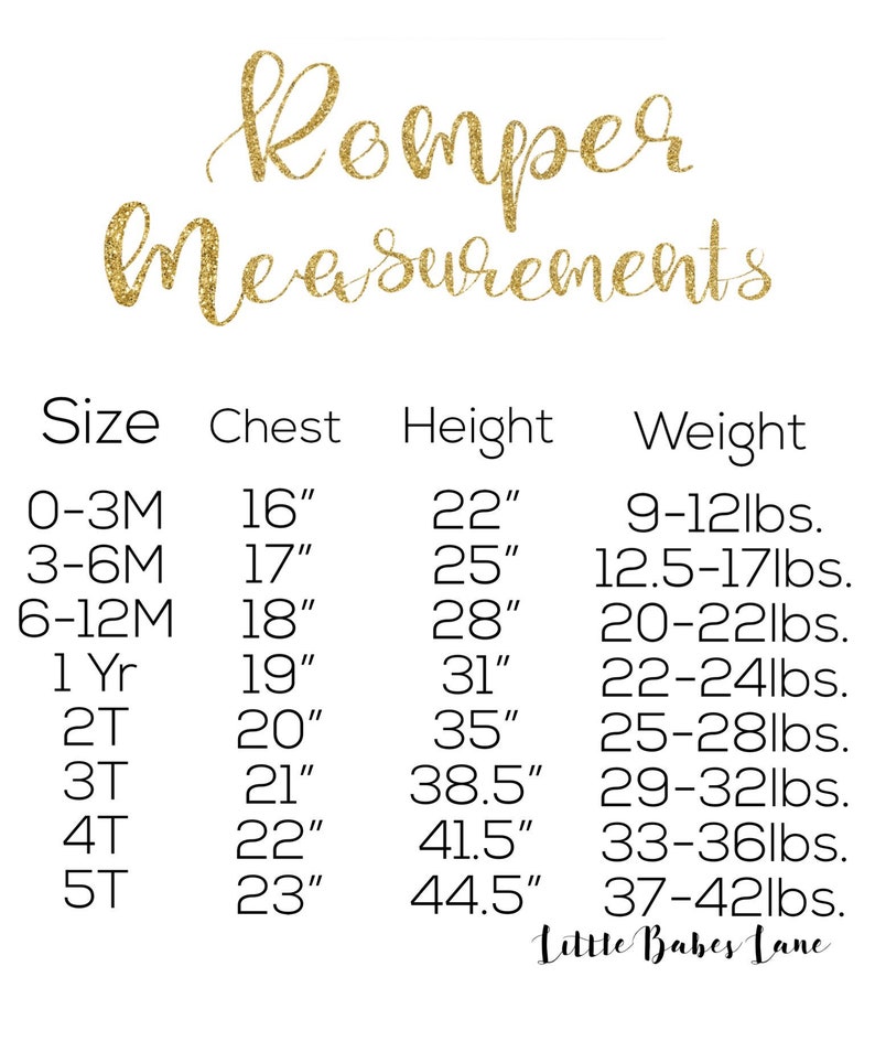 May include: A chart showing romper size measurements in inches and pounds. The chart includes sizes from 0-3 months to 5T. The chart is titled "Romper Measurements" and includes the following columns: Size, Chest, Height, and Weight.