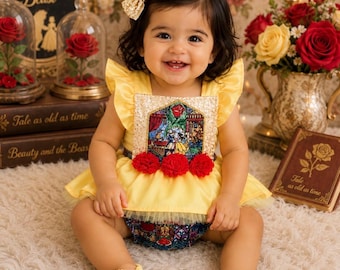 Belle Inspired Baby Romper, Floral Cotton, Princess Dress