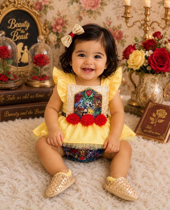 Belle Inspired Baby Romper, Floral Cotton, Princess Dress