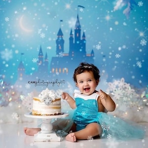 May include: A baby girl in a blue and white princess costume sits in front of a blue castle backdrop with snowflakes. She is smiling and holding a white cake with a snowflake on top. The text "CAMphotography" is visible in the bottom left corner of the image.
