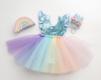 First Birthday outfit, Cake smash outfit, Girls tutu dress, Unicorn Birthday, Rainbow baby, Baby girl dress, Girls romper dress, cake smash