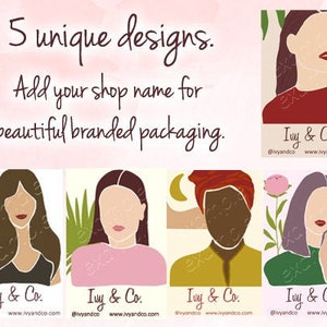K&ouml;nnte beinhalten: F&uuml;nf einzigartige Designs f&uuml;r Verpackungen mit abstrakten Illustrationen von Frauen mit verschiedenen Frisuren und Hautt&ouml;nen. Jedes Design enth&auml;lt den Text "Ivy & Co." und Social-Media-Handles.