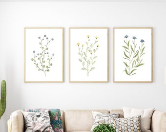 Watercolor Botanical Set of 3 Prints, Floral Wall Art,  Watercolor Flowers Wall Art, Living Room Wall Art, Minimal Boho Wall Art Set