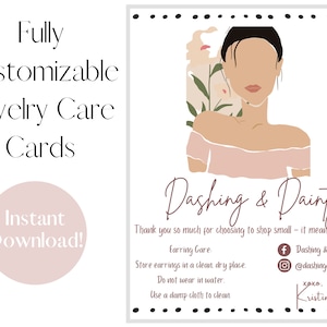 Könnte beinhalten: Eine druckbare Schmuckpflegekartenvorlage mit rosa Hintergrund und einer Blumenillustration. Der Text auf der Karte lautet "Dashing & Dainty" und enthält Anweisungen zur Pflege von Ohrringen. Die Karte enthält auch Social-Media-Symbole und den Namen "Kristin".