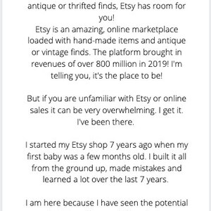May include: Text-based image with the title "Etsy For Everyone!" and a description about the benefits of selling on Etsy. The text explains that Etsy is a great platform for creative entrepreneurs who want to work from home and build a business.