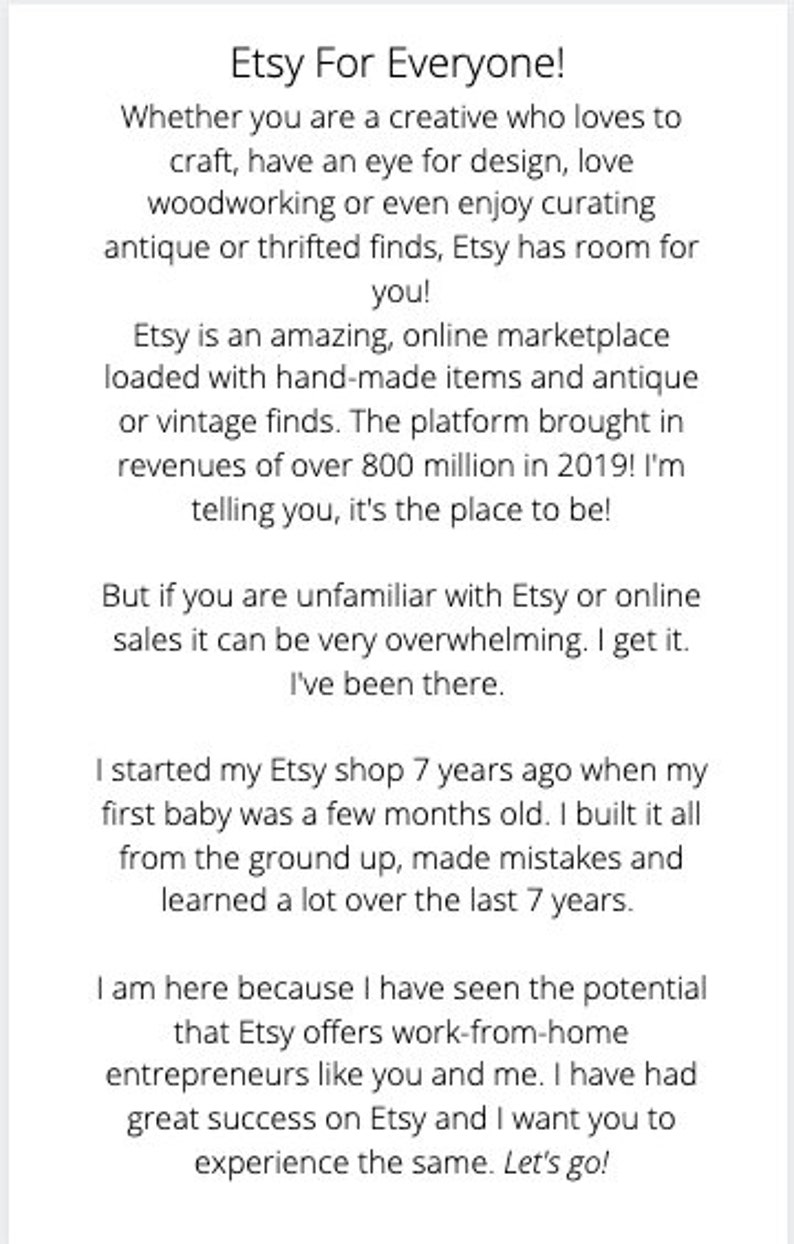 May include: Text-based image with the title "Etsy For Everyone!" and a description about the benefits of selling on Etsy. The text explains that Etsy is a great platform for creative entrepreneurs who want to work from home and build a business.