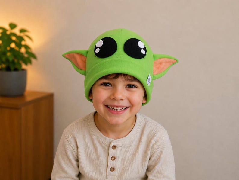 May include: A child wearing a green fleece hat with large black eyes, tan inner ears, and pointed ears. The hat resembles a character from a popular science fiction franchise. The child is smiling and wearing a light-colored long-sleeved shirt.