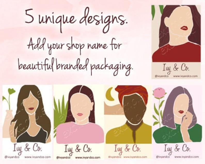 K&ouml;nnte beinhalten: F&uuml;nf einzigartige Designs f&uuml;r Verpackungen mit abstrakten Illustrationen von Frauen mit verschiedenen Frisuren und Hautt&ouml;nen. Jedes Design enth&auml;lt den Text "Ivy & Co." und Social-Media-Handles.