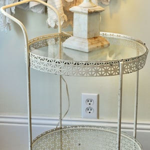 Vintage Two-Tiered Cart Side Table, White Round Metal Lamp Table, Antique Shabby Chic Rolling Serving Cart, Glass Shelves SEE SHIPPING NOTE