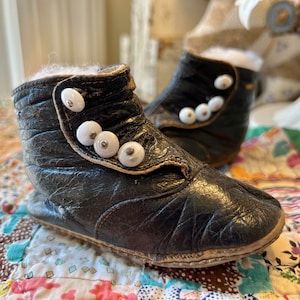 Vintage Baby Boots, Black Leather with White Buttons, Antique Kids Shoes, Doll Making Supplies