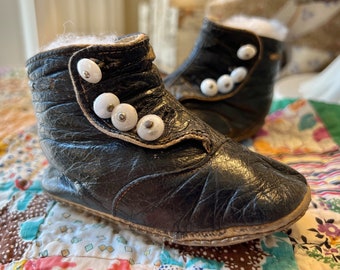 Vintage Baby Boots, Black Leather with White Buttons, Antique Kids Shoes, Doll Making Supplies
