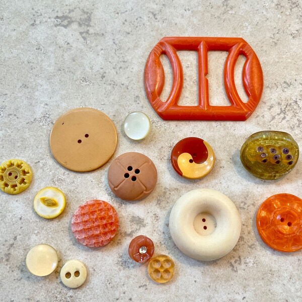 Vintage Lot of Mixed Orange, Yellow, and Beige Buttons and Orange Belt Buckle, Sewing Supplies