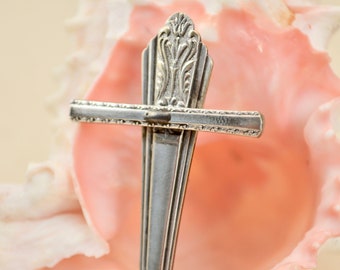 Vintage Silver Flatware Cross Brooch, Handcrafted, Religious Christian Jewelry