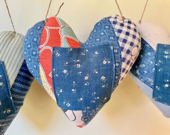 Farmhouse Quilted Heart on Hanger, Timeworn Antique Patchwork Quilt Pillow, Vintage Scrappy Ornament, Pocket, Primitive, Red, Blue