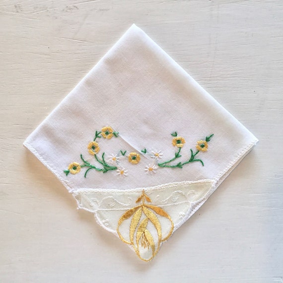 Antique Linen Embroidered Handkerchief, Yellow Fl… - image 1