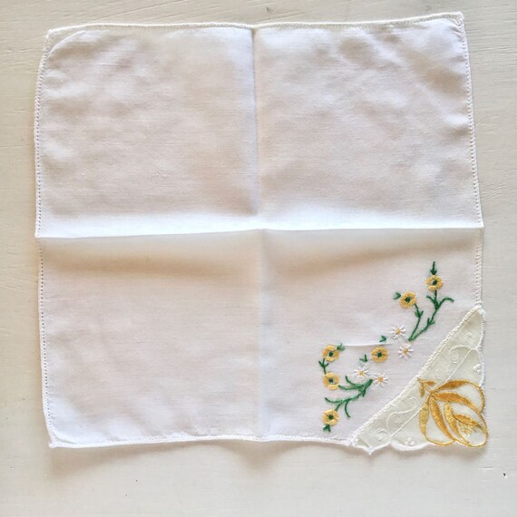 Antique Linen Embroidered Handkerchief, Yellow Fl… - image 3