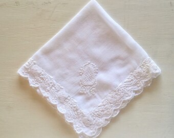 Antique Linen Handkerchief with Scalloped Edges and Lovely Embroidery