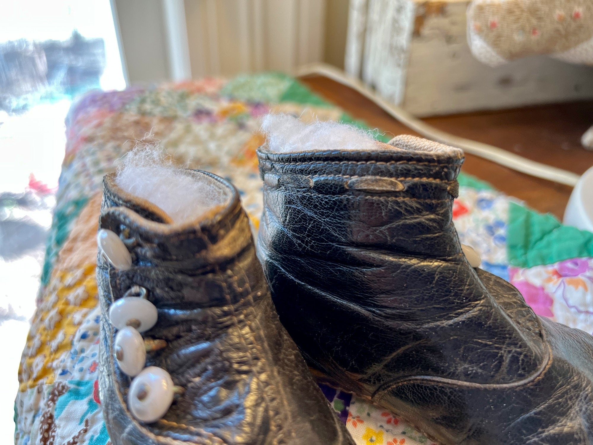 Vintage Baby Boots, Black Leather With White Buttons, Antique Kids