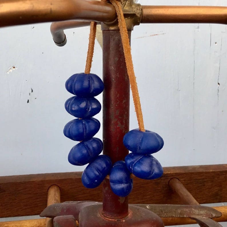 Large Hole Beautiful Deep Cobalt Molded Glass Trade Beads Scallop Design Stringing and Beading Supplies Boho Chic