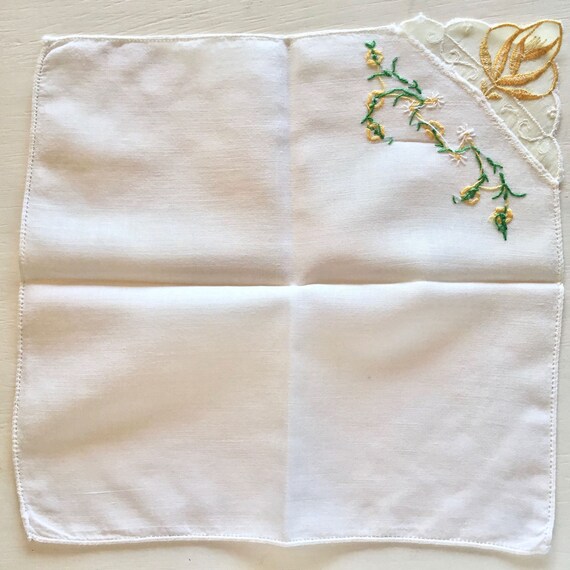 Antique Linen Embroidered Handkerchief, Yellow Fl… - image 8